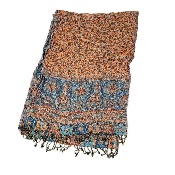 Cashmere, Silk & Viscose Blue & Beige Shawl w Fringe - Picture 1 of 7